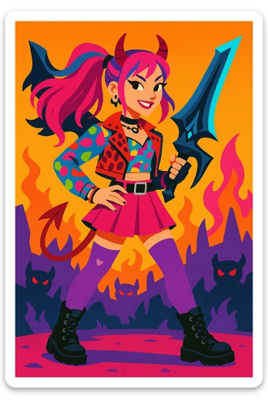 Zoey from K-pop as a stylish demon hunter, vibrant outfit, dynamic pose, fantasy weapon, energetic, K-pop idol vibe sticker