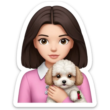 brunette Kendall Jenner with long hair holding on the hands white maltipoo wear on pink collar sticker