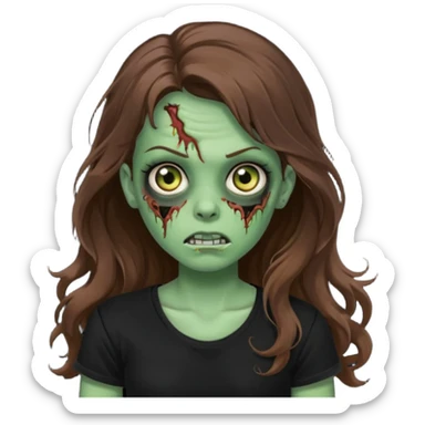 crie uma garotazoombie cabelo ondulado 2c longo castanho castanho comprido e blusa básica preta sem nada com pele esverdeada com rosto fofo  sticker