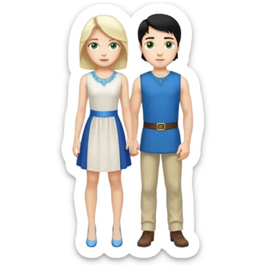 prince, standing upright, black Hair, blue eyes, garment,  woman, bending knee, sleveless white dress, blonde hair, green eyes, sticker