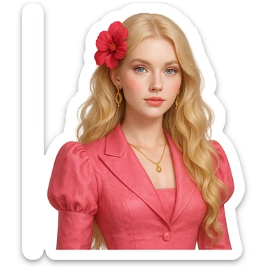 a girl with long wavy light golden platinum blonde hair, light blue eyes, pale peachy-pink skin, wearing a fancy pink outfit, a hot reddish-pink flower hair clip, and light gold jewelry sticker