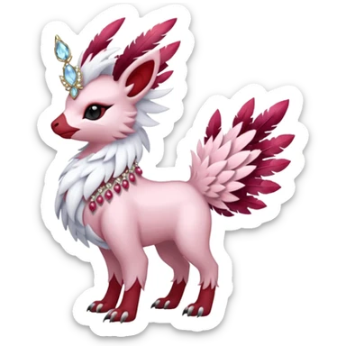Floral feathery pastel pink and ruby-jewelry-adorned Absol-Amaura-fusion-Fakemon-animal-creature  sticker