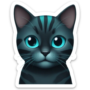 black cat with teal stripes and blue nose and blue eyes with a blue star pattern on the belly of its fur sticker