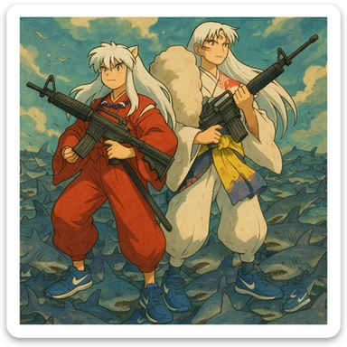Inuyasha and sesshomaru take m16a4 vs 1 million shark They wear shoes blue Nike and all sharks They wear shoes Nike die sticker