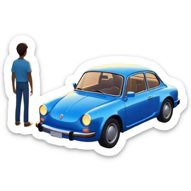 A parked blue car sits quietly on the side of an open road, facing a breathtaking sunset. Two people stand outside, backs turned, watching the horizon. The road stretches endlessly ahead, surrounded by a peaceful, glowing landscape full of light, warmth, and possibilit sticker