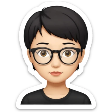 singapore chinese, black short hair, wear black frame glasses, relatively thin, pokey face sticker