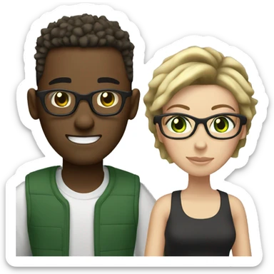 black male with spikey hair and glasses and white female with brown wavy hair , green eyes and glasses sticker