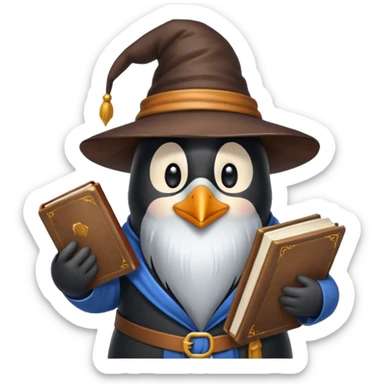 penguin wizard with a long beard holding a book sticker