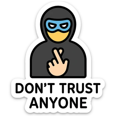 bold, striking icon representing 'Don't Trust Anyone' with visual metaphors like masked face, crossed fingers behind back, shadowy figure, modern minimal style sticker