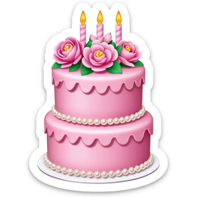 Three layer highly detailed pink celebration cake adorned with flowers and pearls sticker