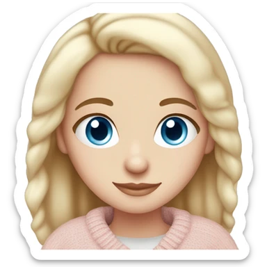 Pretty blue eyed white girl with light pink sweater reading cozy sticker