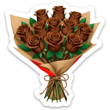 Bouquet of dark  dark brown roses in a paper package sticker
