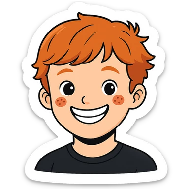 Make the strawberry blond boy with ginger freckles smile wider. The original style is cartoonish sticker style with transparent background, please keep the cartoonish sticker style and transparent background consistent. sticker