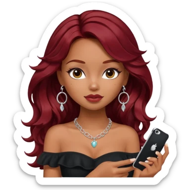 a pretty bratz girl with wavy dark red hair, wearing a black off shoulder top . silver dainty layered necklaces, carrying an iphone sticker