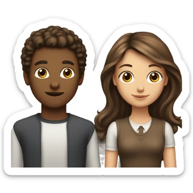 Girl with long straight brown hair next to guy  with short curly brown hair sticker