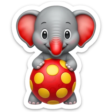Create a cute emoji of a smiling cartoon elephant balancing a red patterned ball on its trunk sticker