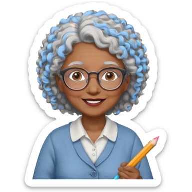 old woman teacher, brown skin, curly grey white hai, wearing glasses, hold chalk on hand sticker