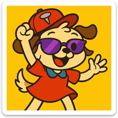Add a vibrant, colorful background behind the puppy girl holding up a nail hat and wearing half purple sunglasses. Keep the fun, expressive cartoon style. sticker