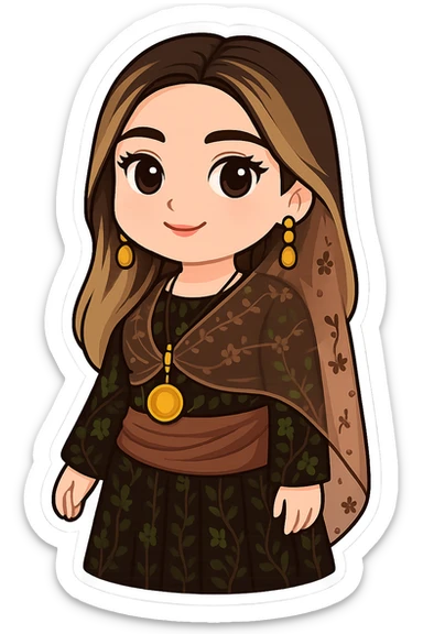 Edit the Kurdish cartoon sticker to change the dress to match the style, color, and details of the dress in the reference photo while keeping the cartoon style. No text. Transparent background. sticker