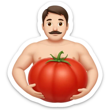 man with a large red tomato as his belly sticker