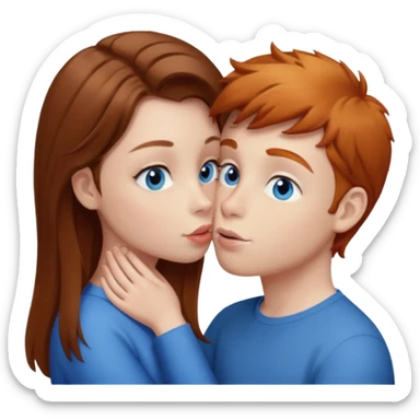 Girl with straight brown hair kissing ginger boy. Both have blue eyes  sticker