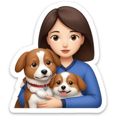 a beautiful woman with medium length dark brown hair and brown eyes, a bit chubby, hugs a beagle and japanese spitz dog  sticker
