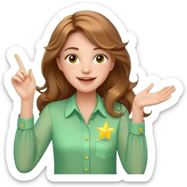 Joyful and imaginative woman with fair skin, long wavy light brown hair, hazel eyes, wearing a light green blouse with yellow accents, holding a glowing lightbulb and gesturing outward. Surrounded by stars, sparkles, speech bubbles, a paper plane, and a small heart. Waist-up, front-facing sticker