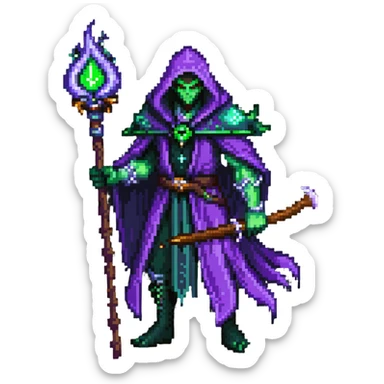 warlock with purple robes, green fel magic, demonic energy, holding a staff, World of Warcraft character sticker