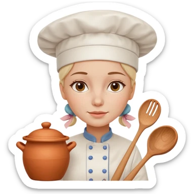 cartoon Apple iOS emoji style woman, pastel colors, Chilean wooden kitchen background, clay pots, warm light, detailed and clean vector art sticker