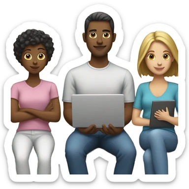 2 girl and 3 man each of them holding laptop and sit together  sticker