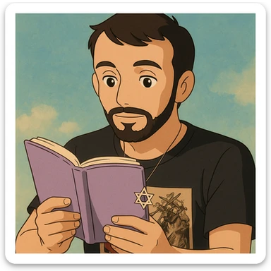 Create an illustration of a white young man with a black beard, straight hair, and brown eyes reading a lilac-colored book. Match his facial features and hair style from the reference photo. Use a visually appealing, friendly Ghibli style. sticker