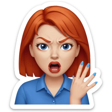 mujer pelirroja con los ojos y los labios maquillados enojada gritando con remera azul sticker