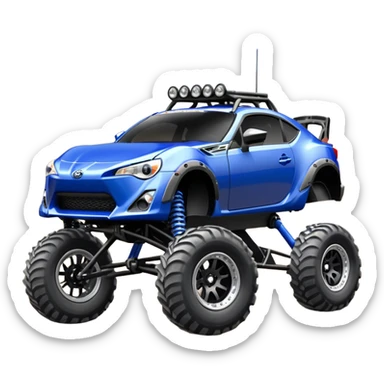 LCG Armored Dirty raced redneck jacked 2013 scion fr-s ultramarine off road 4wd monster truck style Baja dessert stadium rock racer number 86 with long travel swing arm suspension, shiny silver wheels, exaggerated wide black fender flares and trailer  sticker
