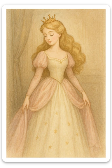 princess in a classic fairytale style, elegant dress, crown, soft colors sticker