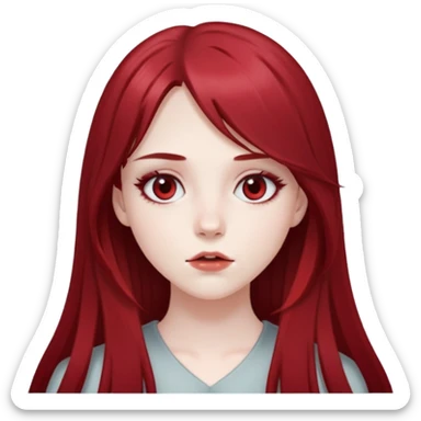 pale girl with deep red and long hair, having a long middle bang on her face, her eyes are greyish in colour sticker