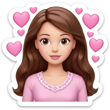 Barbie girl makeup , brown long straight wavy hair and brown eyes is In pale pink clothes There are pink hearts all around sticker