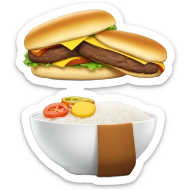 Burger patty next to a bowl of white rice  sticker