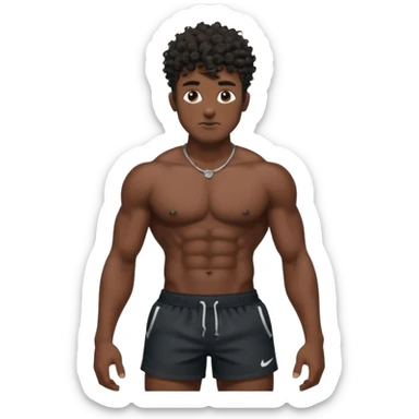 Ripped, athletic man with thick neck, high top fade with no part, curly hair only top only, no shirt and show waistline up, black shorts and more man face sticker