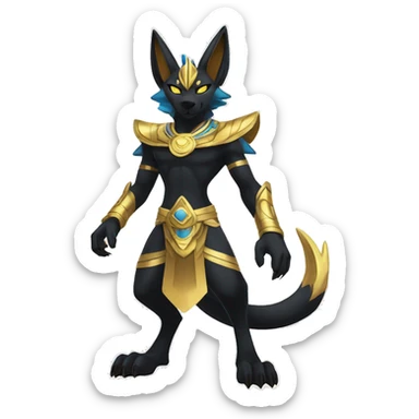 Black godly overpowered ethereal majestic Egyptian Lucario-Litten-Cat-Fakemon. Golden Anubis-Rings and yellow ring-markings. Full body sticker