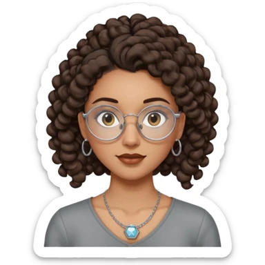 chica morena de ojos claros con gafas exagonales redondeadas. y pelo rizado castaño con todo el pelo recogido en una coleta . y un collar de plata sticker
