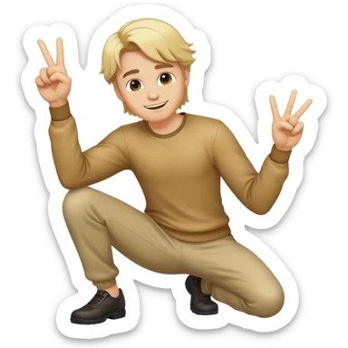 Full body emoji of a Blonde man with swooshing hair and no facial hair, crouching giving one peace sign while smirking sticker