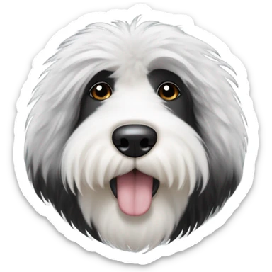 Fluffy Old English sheepdog face with the left half of his face white and the black half of his face black. White around the mouth and nose sticker