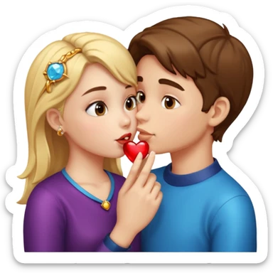 A boy and a girl kissing and the girl has a shiny BIG ring sticker