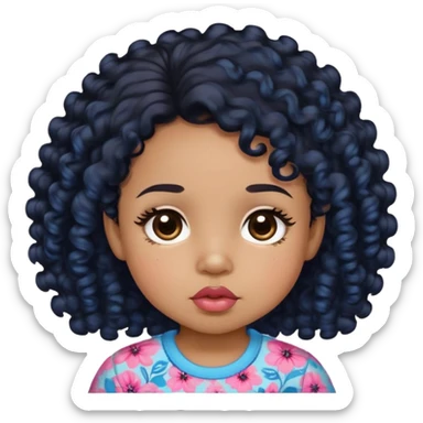 light brown skin tone, very adorable toddler, with big plump lips, long long lashes, black curly hair, middle hair parting, brown eyes, pink and blue floral shirt sticker