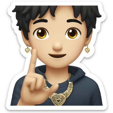 boy with black hair jewelry doing korean heart sign sticker