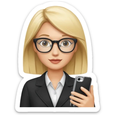 Blonde marketing agent with phone and glasses sticker