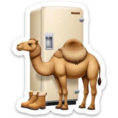 A white refrigerator with a camel head sticking out from the top and four camel legs with Timberland boots coming out from the bottom sticker