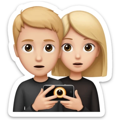two wide open eyes looking at a smartphone with a mysterious black hole nearby sticker