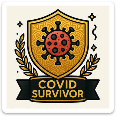 Make the badge more detailed: add intricate patterns to the shield, a more realistic virus symbol, subtle gradients, and a gold laurel wreath around the edge. Keep the celebratory style and 'COVID Survivor' text. sticker