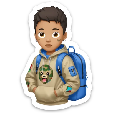 blasian teenager with bape hoodie and sprayground backpack sticker